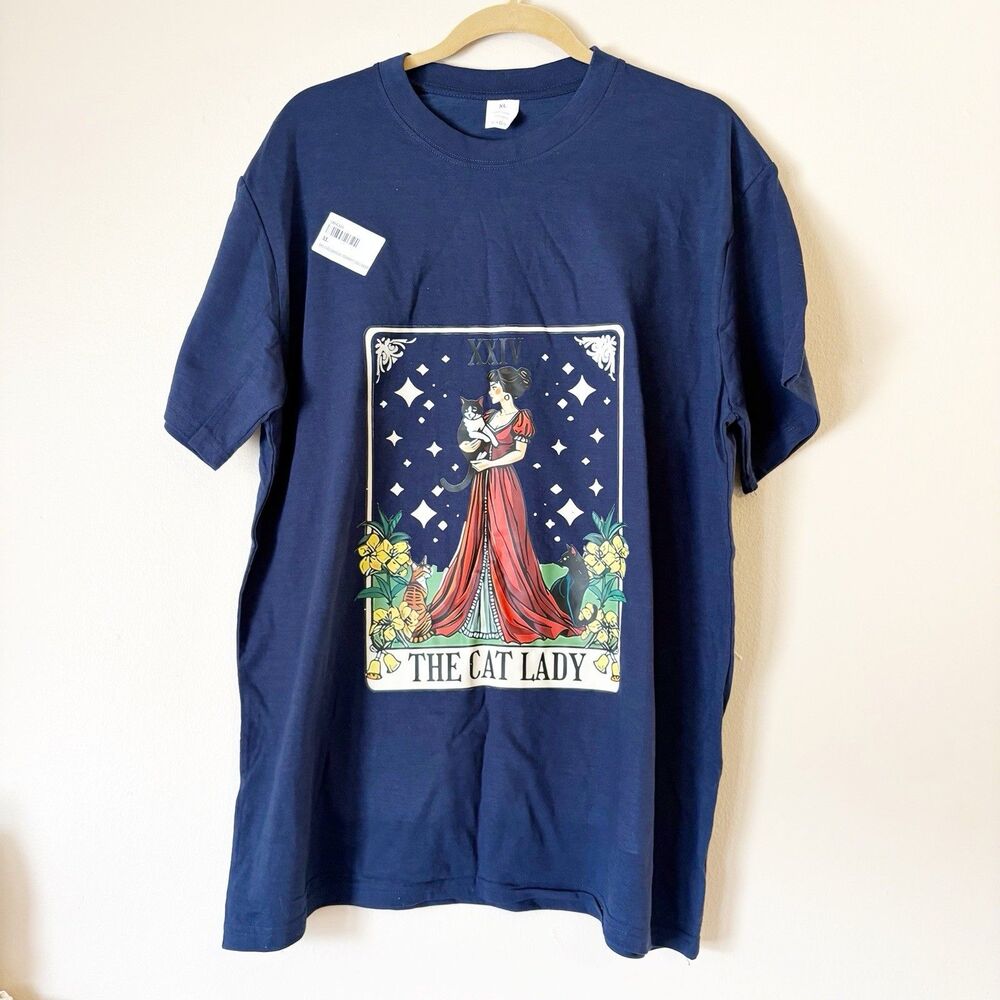 Cat Lady Tee TShirt Tarot Card Navy Blue Size XL NWOT Short Sleeve Crew Neck